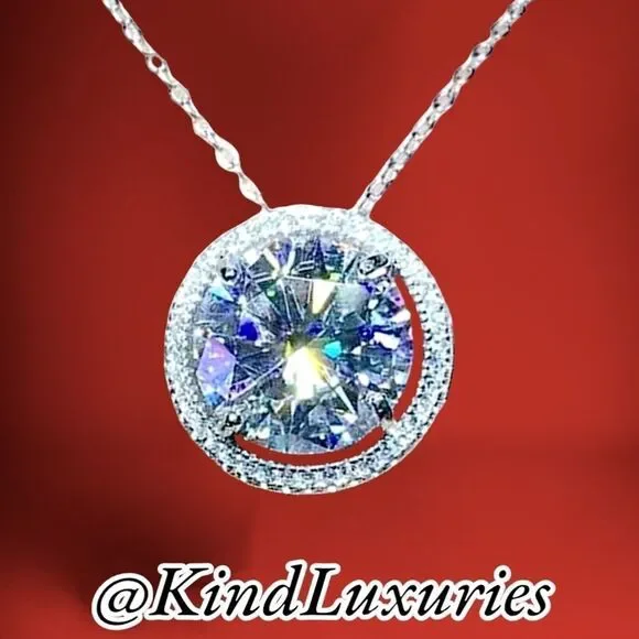 💎277💎 5ct Diamond Moissanite Halo Pendant Necklace 14K White Gold + Sterling